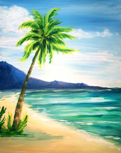 Learn to Paint At the Beach tonight at Paint Nite! Our artists know exactly how to teach painters of all levels - give it a try! Watercolor Art Palm Tree, Palm Tree Wall Painting, Palm Tree Beach Painting, Palm Tree Painting Easy, Palm Tree Painting Acrylic, Beach Painting Ideas On Canvas, Beach Painting Easy, Easy Beach Painting, Watercolor Beach Painting