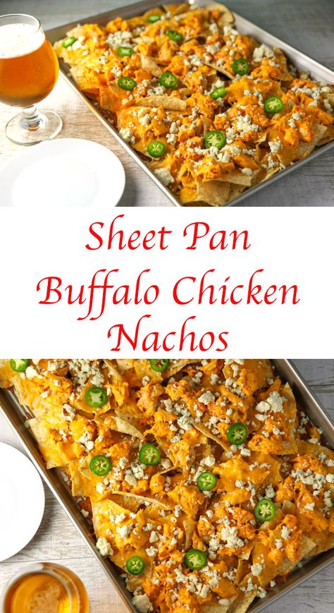 Sheet Pan Buffalo Chicken, Party Nachos, Buffalo Chicken Nachos Recipe, Baked Buffalo Chicken Dip, Nachos Chicken, Buffalo Chicken Pasta Salad, Buffalo Chicken Nachos, Shredded Buffalo Chicken, Chicken Nachos Recipe