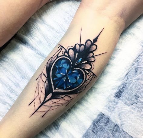 Blue Gem Tattoo, Jeweled Tattoos, Birthstone Tattoos, Blue Heart Tattoo, Jewel Tattoos, Gem Tattoo, Jewel Tattoo, Crystal Tattoo, Tattoo Heart