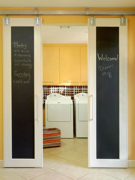 DIY Double Sliding Doors with Chalkboard Laundry Room Decorating, Laundry Room Doors, Barn Style Doors, Double Sliding Doors, Laundry Room Decor, Room Doors, Barn Doors Sliding, Barn Style, The Doors