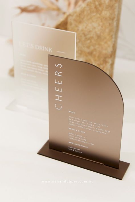 Add the perfect touch to your wedding with a Acrylic Bar Menu! Acrylic Bar, Retail Signage, Navigation Design, Acrylic Signage, Trophy Design, Coffee Shop Aesthetic, Outdoor Signage, Cosmetic Display, Bar Menu