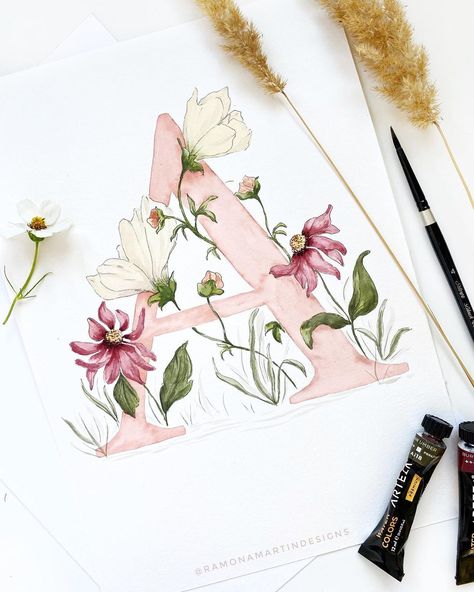 Watercolor illustration | floral illustration | floral design | floral watercolor Pai, Water Coloring, Watercolor Monogram, Floral Initial, Watercolor Ideas, Floral Illustration, Floral Monogram, Watercolor Illustrations, Art Inspiration Painting