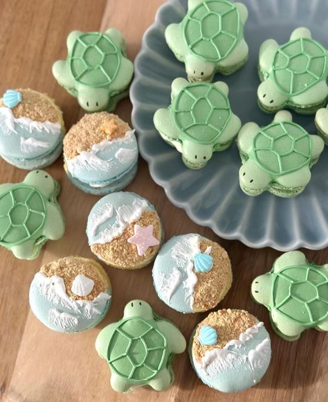 Happy World Wildlife Day!! Wish I was celebrating at the beach with these sea turtles! 🐢🏝️ #wildlifedaycollab2024 Thanks so much to the… | Instagram Under The Sea Macarons, Cookies For Birthday Party, Cute Beach Birthday Ideas, Sea Turtle Cakes, Ocean Themed Birthday Party Food, Ocean Food Ideas, Cute Summer Desserts, Beach Macarons, Under The Sea Desserts