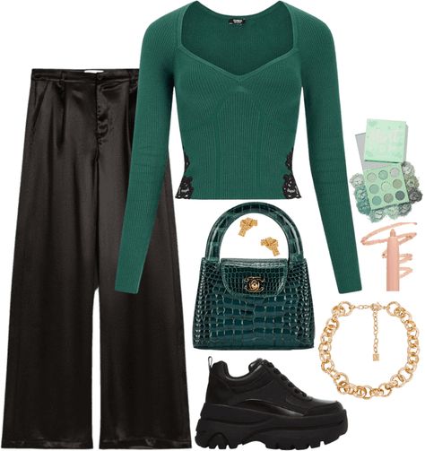 Emerald Green Outfit Black Women, Emerald Top Outfit, Emerald Green Slacks Outfit Women, Emerald Outfit Aesthetic, Emerald Green Outfit Ideas Color Combos, Emerald Green Outfit Ideas Casual, Emerald Green Outfit Casual, Green Top Outfit Men, Dark Green And Black Outfit