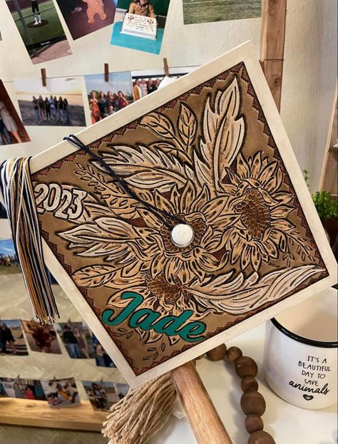 Leather Grad Cap Ideas, Tooled Graduation Cap, Grad Cap Ideas Western, Western Graduation Cap Ideas, Western Graduation, Leather Graduation Cap, Western Grad Caps, Country Graduation Cap, Western Graduation Cap