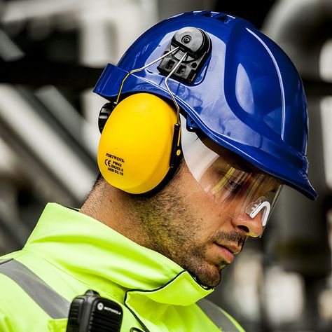 Portwest protective helmet with adjustable clip on ear protectors with visor attached. Perfect for industrial and trades uniforms. #Workwear #PPE #Helmet #Protection Trade Jobs, Worker Safety, Mining Industry, Safety Gear, Protective Gear, Safety First, Ear Protection, Work Safety, Personal Protective Equipment