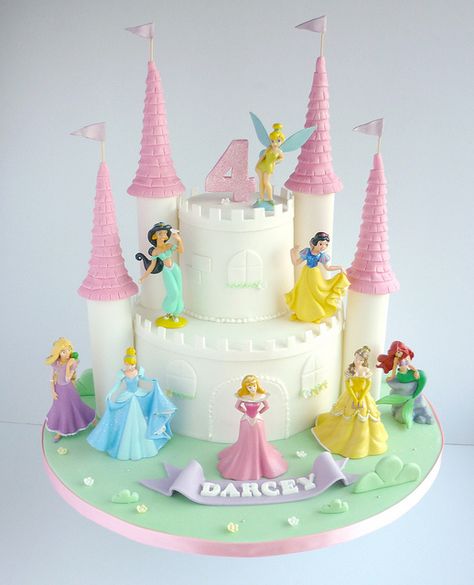 Disney Princesses castle birthday cake with cake figurines via https://www.flickr.com/photos/swirlsbakery/13040141743/in/photostream/ Disney Princess Birthday Cakes, Castle Birthday Cakes, Princess Castle Cake, Disney Princess Castle, Disney Princess Cake, Disney Princess Birthday Party, Princess Theme Birthday, Princess Theme Birthday Party, Princess Birthday Cake