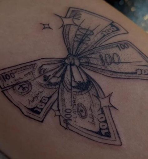 Money Is Everything Tattoo, Women Money Tattoo, Old Font Tattoo, Lottery Tattoo Ideas, Money Sight Tattoo, Butterfly Money Tattoo, Id Size Tattoos, Bow Money Tattoo, Money Bow Tie Tattoo