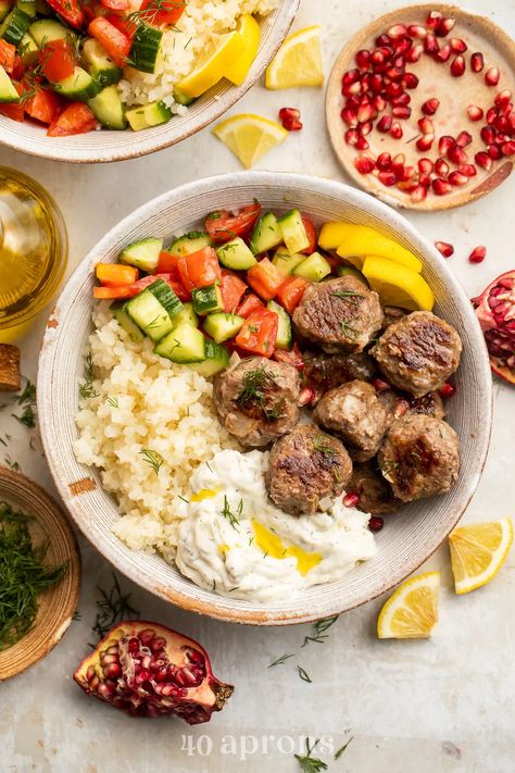 Gyro Meatballs, Greek Meatballs Recipe, Cauliflower Tabbouleh, 40 Aprons, Whole 30 Lunch, Healthy Bowls Recipes, Steamed Cauliflower, Whole 30 Diet, Healthier Desserts