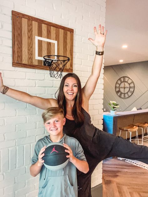 Basketball Hoop In Bedroom, Diy Basketball Hoop, Painted Shower Tile, Diy Basketball, Indoor Basketball Hoop, Toddler Basketball, Marble Tile Backsplash, French Country Modern, Diy Wainscoting