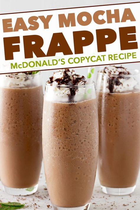 Make your own McDonald’s Mocha Frappe at home with this easy copycat recipe! The perfect cold coffee drink for Spring and Summer! #frappe #mocha #copycat #mcdonalds #frozencoffee #coffee #frozen #iced #chocolate Mcdonalds Mocha Frappe Recipe, Frappe At Home, Mcdonalds Mocha Frappe, Copycat Mcdonalds, Mocha Frappe Recipe, Frozen Coffee Drinks, Mcdonalds Recipes, Iced Chocolate, Homemade Frappuccino