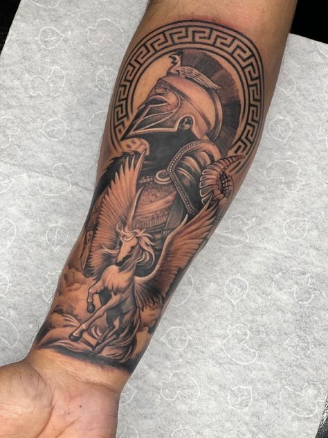 Roman Words Tattoo, Greek God Tattoos For Men Forearm, Gladiator Tattoos For Men, Arm Tattoo Men Greek Mythology, Greek Arm Tattoos For Men, Masculine Forearm Tattoo, Aries Greek God Tattoo, Roman Forearm Tattoo, Tattoo Ideas For Men Greek