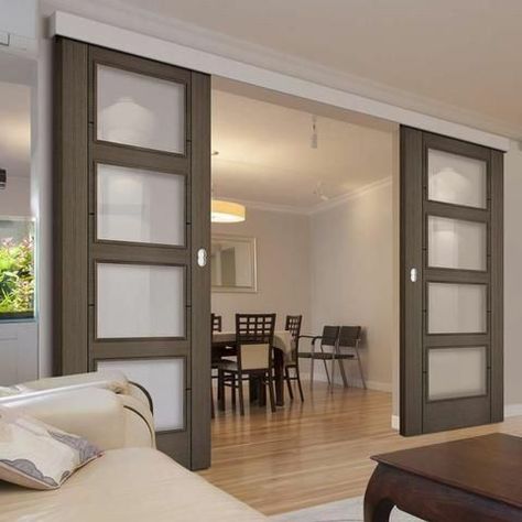 Double Sliding Doors Internal, Sliding Door Between Kitchen And Living Room, Double Doors Living Room, Indoor Sliding Doors, Sliding Door Window Treatments, Sliding Door Design, Contemporary Doors, Room Divider Doors, Doors Interior Modern