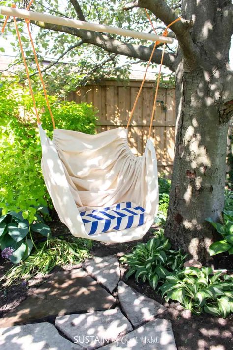 DIY Fabric Hammock Chair Diy Hammock Chair, Hanging Mason Jar Lights, Diy Hanging Chair, Porch Tree, Cozy Hammock, Outdoor Hammock Chair, Wood Walkway, Planter Cover, Chair Planter