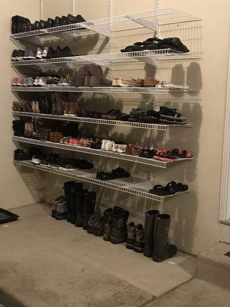 Shoe Organization Laundry Room, Shoe Garage Organization, Garage Shoe Wall, Building Shoe Rack, Shoe Shelves In Garage, Shoe Organization Coat Closet, How To Store Shoes In Garage, Garage Wall Shoe Storage, Shoe Area In Garage