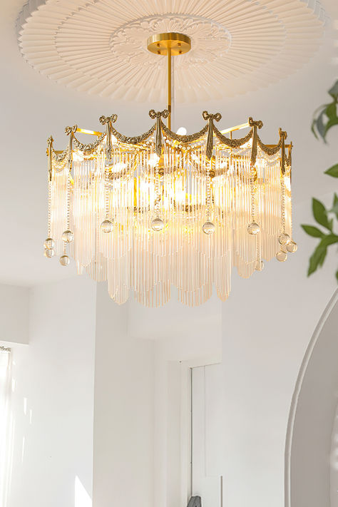 Transform your space with our Palace Water Drop Chandelier. This charming modern chandelier has an old-world beauty that adds a touch of elegance to any room. The crystal chain and round beads create a warm and romantic atmosphere, creating a chic ambiance at the flick of a switch. This chandelier will enhance the style of your home, perfect for the foyer, dining room, living room, and bedroom. Foyer Dining Room, Waterfall Chandelier, Drop Chandelier, Romantic Atmosphere, Crystal Chain, Dining Room Living Room, Glass Chandelier, Water Drops, Water Drop