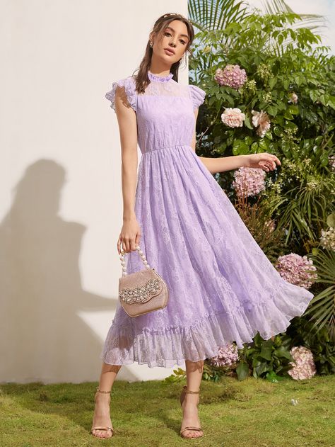 Lilac Purple Romantic  Cap Sleeve Lace Plain A Line  Non-Stretch Spring/Summer Weddings & Events Floral Long Frocks, Lace Frocks, Romantic Pattern, Floral Applique Dress, Bridesmaid Attire, Frock Fashion, Flounce Hem Dress, Purple Style, Long Kurti Designs