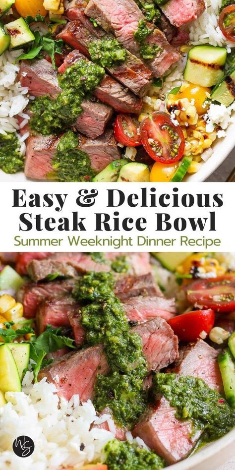 A delicious rice bowl that's packed with flavor from fresh chimichurri sauce, a grilled corn salad and zucchini, tender steak, fluffy rice, and feta cheese. A perfect excuse to fire up the grill and enjoy the warmer temps and fresh flavors of summer! A meal to make everyone happy even during busy weeknights. This recipe is ready in 40 minutes and gluten-free. Steak And Basil Recipes, Steak Avocado Rice Bowl, What To Eat With Chimichurri Sauce, Whole 30 Summer Meals, Chimichurri Rice Bowl, Steak Bowl Sauce, Grilled Steak Salad Recipes, Chimichurri Steak Bowl, Steak And Zucchini Recipes