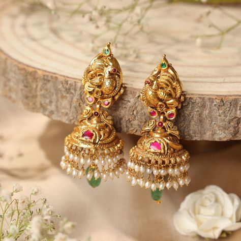 Mayuri Nakshi Jhumkis Gold Beads Chain Designs, Latest Light Weight Gold Jewellery, Light Weight Jhumkas Gold, Nakshi Jhumkas Gold Earrings, Gold Earrings Indian Jhumkas, Gold Traditional Earrings, 8grams Gold Earrings, Gold Buttas Earrings, Jumka Design Gold Bridal