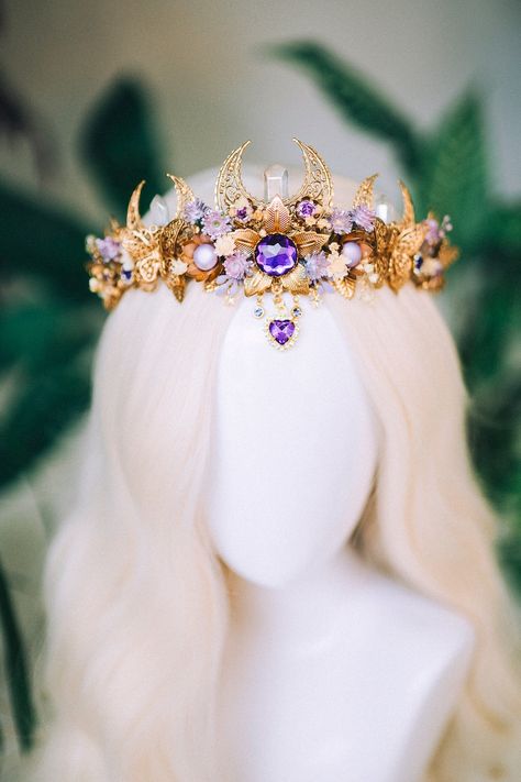 Lavender Flower Crown, Flower Headpiece, Gold Crown, Bridal Crown, Wedding Headpiece, Purple Flower Crown, Fairy Crown, Crystal Crown - Etsy Fairy Headpiece Diy, Flower Crown Fairy, Lavender Flower Crown, Purple Flower Crown, Crown Fairy, Fairy Headpiece, Purple Alien, Fantasy Crown, Tiara Accessories