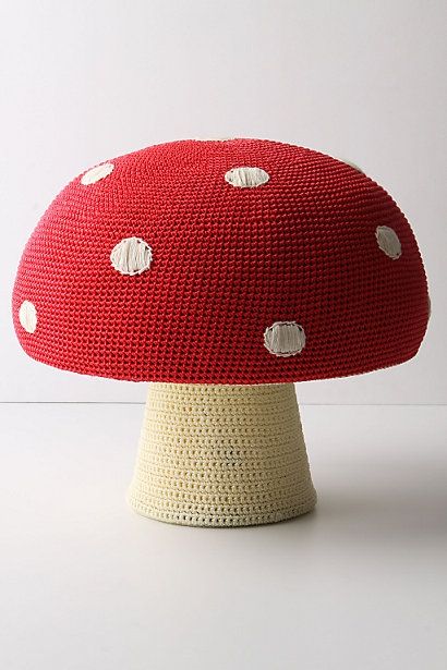 DIY Anthropologie Mushroom Stool - Perfect for a kids room! Mushroom Stool, Crochet Mushroom, Red Mushroom, Pouf Ottoman, Crochet Home, Kids' Room, Girl's Room, Crochet Toys, Kids Room