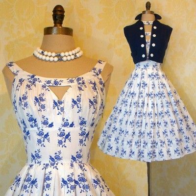 White Sun Dress, White Sundress, Fashion 1950s, Navy Jacket, Retro Mode, Keyhole Neckline, Vestidos Vintage, 50s Dresses, 50s Fashion