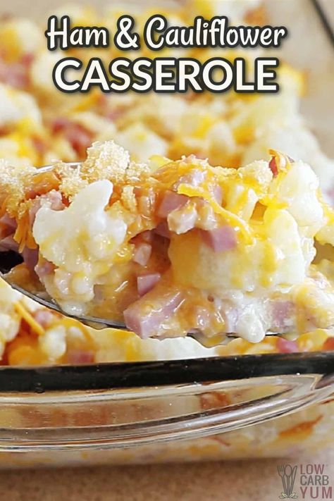 A delicious cheesy low carb cauliflower casserole that's super easy to prepare. And, it's the perfect way to repurpose leftover ham. Ham And Cauliflower Casserole, Ham And Cauliflower, Casserole With Ham, Low Carb Cauliflower Casserole, Ham And Cheese Casserole, Ham Casserole Recipes, Cauliflower Casserole Recipes, Keto Casseroles, Cheesy Ham