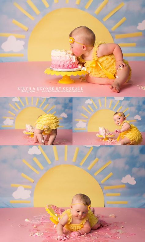 Sun Cake Smash, Sunshine Cake Smash, Sunshine Birthday Theme, Sunshine Theme, Sun Cake, Sunshine First Birthday, Sunshine Birthday Parties, Sunshine Party, First Birthday Photography