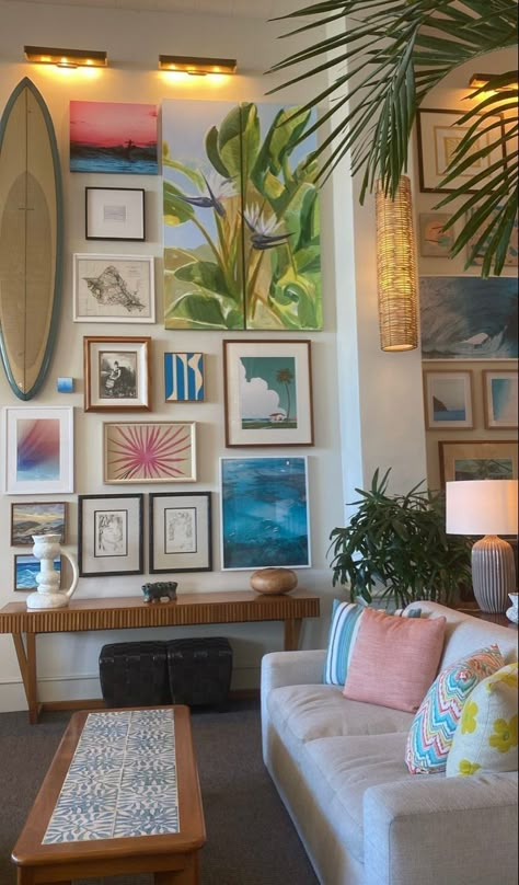 Hawaii Aesthetic House Interior, Coastal Jungle Decor, Caribbean Inspired Decor, Caribbean Coastal Decor, Funky Coastal Decor, Hawaii Gallery Wall, Hawaii Bathroom Decor, Beach Eclectic Decor, Surf Gallery Wall