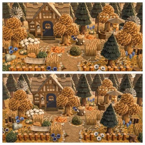 Acnh Fall Home Exterior, Acnh Autumn House Exterior, Acnh Autumncore Island, Acnh Fall House, Acnh Fall Items, Acnh Fall House Exterior, Acnh Fall Builds, Fall Themed Animal Crossing Island, Acnh Fall Cottagecore