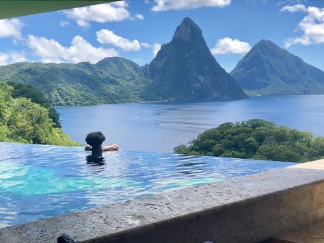 Jade Mountain Resort in Saint Lucia: UB relaxing and taking in the views from infinity pool within Sanctuary JE2. Jade Mountain Resort St Lucia, St Lucia Travel, Jade Mountain Resort, St Lucia Resorts, Jade Mountain, Solo Vacation, Caribbean Hotels, Sunset Light, Saint Lucia