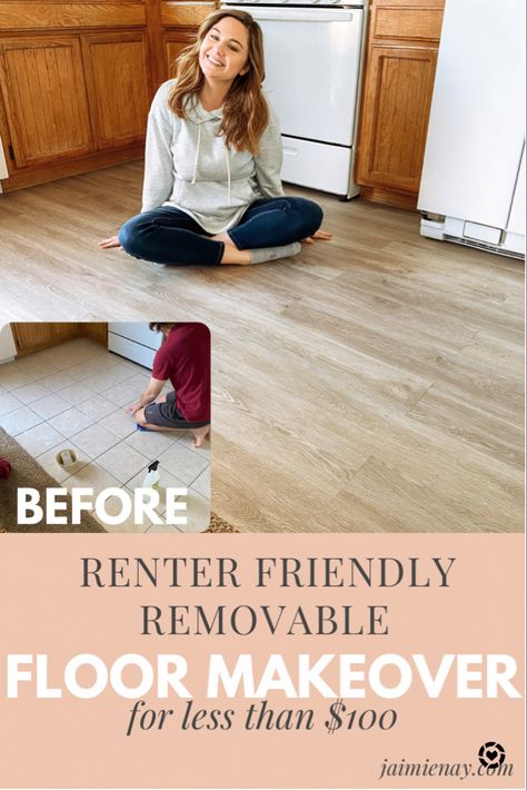 Temporary Wood Floor For Renters, Peel And Stick Floor Tile Rental Friendly, Temporary Flooring For Renters Kitchen, Peel And Stick Floor Tile Rental, Rental Floor Makeover, Renter Friendly Flooring Over Carpet, Rental Friendly Flooring, Apartment Friendly Flooring, Rental Friendly Tile Cover