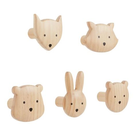 Natural Wood Animal Hooks 5 Piece by World Market Woodland Creatures Nursery, Animal Hooks, Nursery Room Design, Forest Nursery, Baby Boy Room Nursery, Baby Room Inspiration, Bear Nursery, Nursery Room Inspiration, Wood Animal