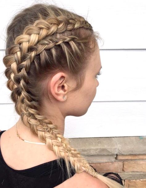 Four Dutch Braids Into Ponytail, Braids For Basketball Games, Unique Dutch Braids, Fun Dutch Braids, Braids For Athletes, Complicated Sports Hairstyles, Crossed Dutch Braids, Athletic Braids Hairstyles, Cool Dutch Braids Hairstyles