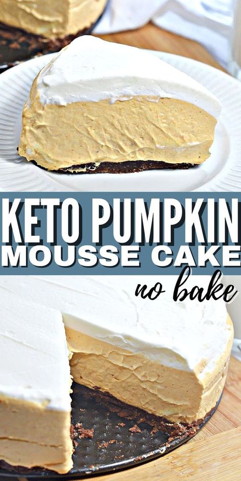 No Bake Keto Pumpkin Mousse Cake - Light and airy, with a delicious sugar-free chocolate crust, this no bake keto pumpkin mousse cake is an elegant fall dessert. #keto #Ketorecipes #Ketodiet #Ketopumpkinmoussecake #ketofallrecipes #pumpkincake #moussecake #falldessert #ketodessertideas #food #recipes Pumpkin Mousse Cake, Keto Pumpkin Mousse, Pumpkin Mousse, Keto Pumpkin, Chocolate Crust, Low Carb Low Sugar, Keto Cake, Cake Easy, Low Sugar Recipes