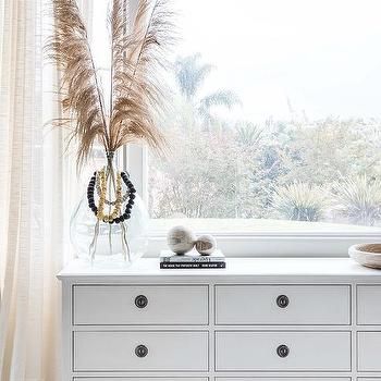 Dresser Under Window Design Ideas Dresser Under Window, Sheer Cream Curtains, Grey Grasscloth Wallpaper, Salt Interiors, White Dresser Bedroom, Window Design Ideas, Inset Drawers, Blue Boys Bedroom, White Storage Bench