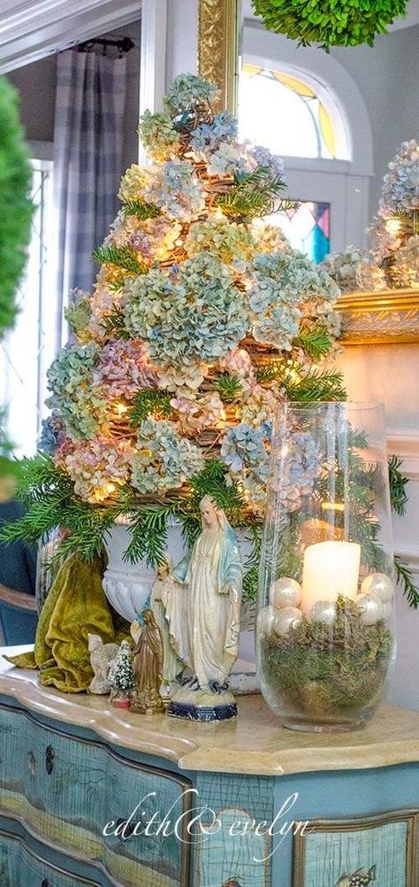 A French Country Friday Filled with Christmas Inspiration | Edith & Evelyn French Country Christmas Tree, French Country Christmas Decor, Grapevine Tree, French Inspired Decor, Hydrangea Tree, Christmas Entry, French Country Christmas, Christmas Vignettes, French Christmas