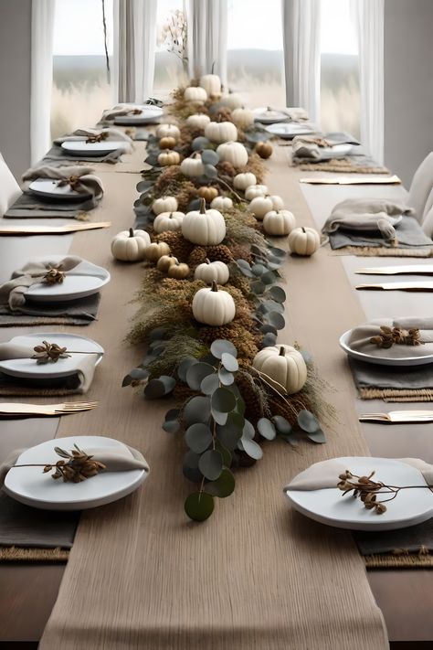 Neutral And Black Dining Table, Thanks Giving Table Setup, Neutral Holiday Tablescape, Neutral Dinner Table Decor, Fall Runners For Table, Black And White Fall Table Decor, Dark Wood Table Setting, Thanksgiving Table With Paper Plates, Table Decorations Thanksgiving Fall