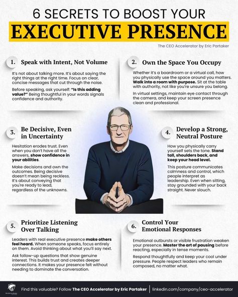 Inspirational Speech For Students, Effective Leadership Skills, Executive Presence, Good Leadership Skills, Business Infographics, Job Help, Inspirational Speeches, Success Principles, Executive Leadership