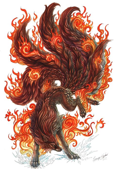 Feb Tattoos, 9 Tailed Fox Tattoo, Kitsune Fox Spirit, Fox God, Japanese Kitsune, Nine Tails, Fox Artwork, Kitsune Fox, Fantasy Wolf