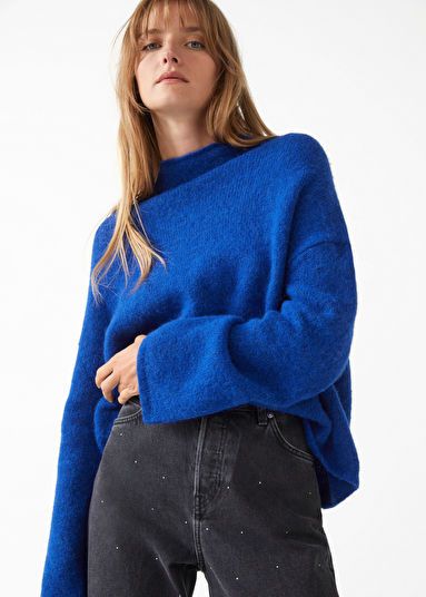 <p>Oversized long sleeved wool jumper with a mock neck.</p><p>Length of jumper: 55cm / 21.7" (Size S)</p><p>Certified according to the Responsible Wool Standard (CU810300)<br></p> Navy Pullover Outfit, Blue Oversized Sweater Outfit, Blue Knit Sweater Outfit, Bc Outfits, Cobalt Blue Sweater, Blue Wool Sweater, Dark Grey Jeans, Oversized Sweater Outfit, Winter Shopping