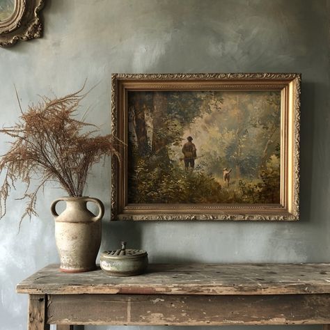 The Hunt Dark Academia Print, Hunting Wall Art, Moody Nature Art, Forest Cabin Decor, Vintage Oil Painting Aesthetic, Antique Home Decor - Etsy Wall Vintage Decor, Vintage Oil Painting Decor, Vintage Hunting Prints, Hunting Wall Art, Moody Colonial Decor, Sketches For Wall Decor, Old Money Home Interior, Moody Academia Decor, Vintage Wall Paint