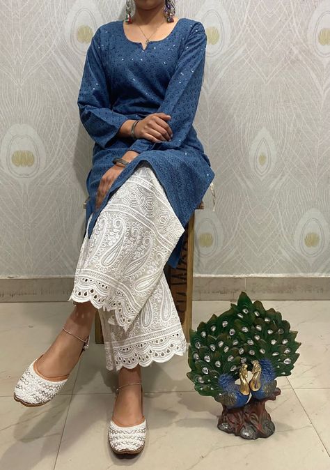 Chikankari Kurti with palazzo pants. Kurti With Palazzo, Desi Dress, Outfit Autumn, Desi Wear, Traditional Indian Dress, Kurti Designs Latest, Casual Indian Fashion, Outfit Halloween, Desi Fashion Casual