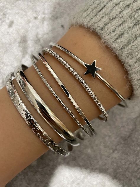 Silver Fashionable   Iron  Bangle,Cuff Embellished   Jewelry Betrayal Quotes, Bangle Bracelet Set, Dope Jewelry, Stacked Jewelry, Funky Jewelry, Jewelry Lookbook, Silver Bangle Bracelets, Silver Bangle, Girly Jewelry