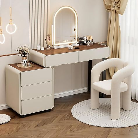 Vanity Desk - Modern Vanity Table with Drawer & Smart LED Makeup Mirror, Solid Wood Bedroom Vanity Set, Including Makeup Chair Girl Bedrooms, Desk Layout, Model Bedroom, Modern Vanity Table, Bedroom Vanity Set, Makeup Chair, Makeup Dressing Table, Makeup Table Vanity, Led Makeup Mirror