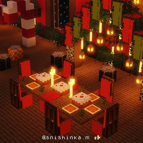 Minecraft Christmas House Interior, Minecraft Christmas Interior, Minecraft Dinner Table Ideas, Christmas Decor Minecraft, Minecraft Christmas Cabin, Christmas House Minecraft, Minecraft Dinner Table, Christmas Minecraft Ideas, Minecraft Christmas Decorations