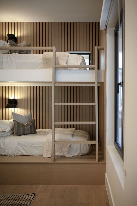 Project Reveal: The Boy’s Bunk Room of our Elevated Views Project – Becki Owens Blog Condo Bunk Bed Ideas, Bunk Bed Wall Lights, Sophisticated Bunk Beds, Bachelor Suite Ideas Small Spaces, Japandi Bunk Bed, Closet Bunk Beds Built Ins, Twin Bunk Bed Ideas For Small Room, Girls Bunk Room, 3 Beds In One Room Ideas