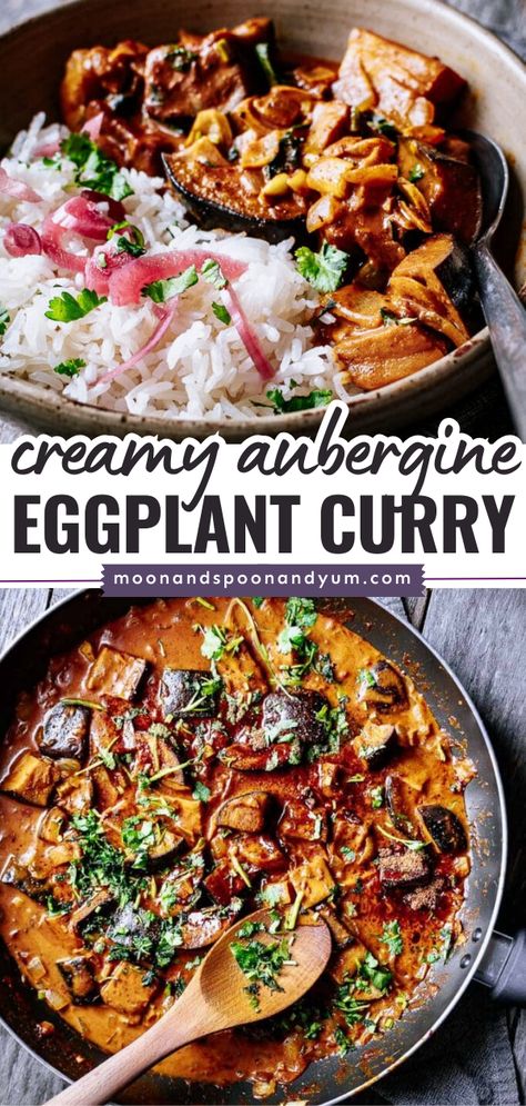 Need a comfort food idea? Satisfy your craving with this main dish for dinner! Made with coconut milk, this Aubergine Curry is super creamy and delicious while being vegan and gluten-free. You can even serve this eggplant curry as an easy side dish recipe! Eggplant And Broccoli Recipes, Aubergine Curry Coconut Milk, Eggplant And Basil Recipes, Potato Eggplant Recipe, Crockpot Eggplant Parmesan, Eggplant Coconut Milk, Eggplant Over Rice, Curry Eggplant Recipes, Mushroom Eggplant Recipes