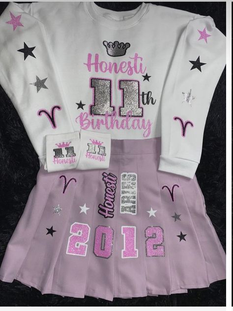 Birthday Outfit For 12 Year Girl, Pink Birthday Outfit 13, Custom Sweet 16 Outfit, 13 Birthday Outfit Ideas Purple, Pink Long Sleeve Sweatshirt For Birthday, Birthday Outfit 13-14, 13th Birthday Outfit Ideas, 15 Birthday Outfit Ideas, Pink Crew Neck T-shirt For Birthday