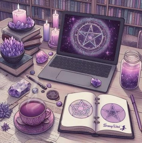 The Occult Aesthetic, Witch Academy Aesthetic, Witch Laptop Wallpaper, Tech Witch Aesthetic, Crystal Witch Art, Kawaii Witch Aesthetic, Witchy Vision Board, Witchy Laptop Wallpaper, Purple Witchy Aesthetic